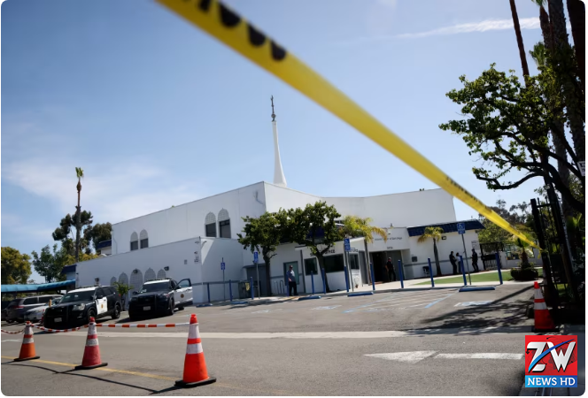 Graffiti and damage are seen outside a mosque in San Diego after an attack linked to racist extremist beliefs. Authorities are investigating the incident after videos and hateful writings were shared online.